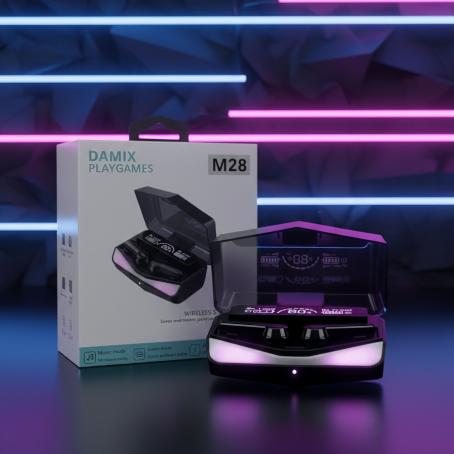 DAMIX M28 TWS Wireless 5.3 Gaming Earbuds with LED Power Display, Dual Mode (Game/Music), Low Latency, and HD Mirror Design